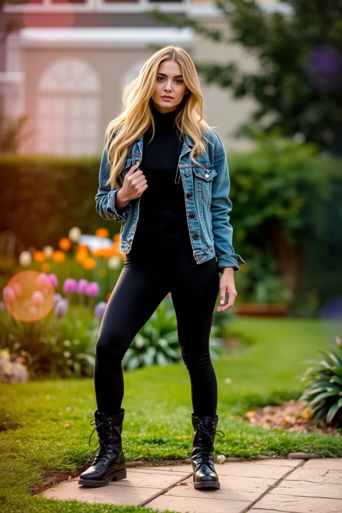 1. American Eagle Flare Leggings Outfit with Black Turtleneck, Denim Jacket, and Combat Boots (1)