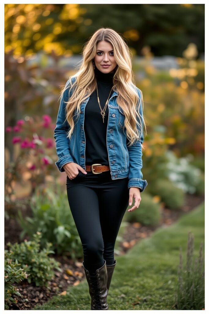 1. American Eagle Flare Leggings Outfit with Black Turtleneck, Denim Jacket, and Combat Boots (2)