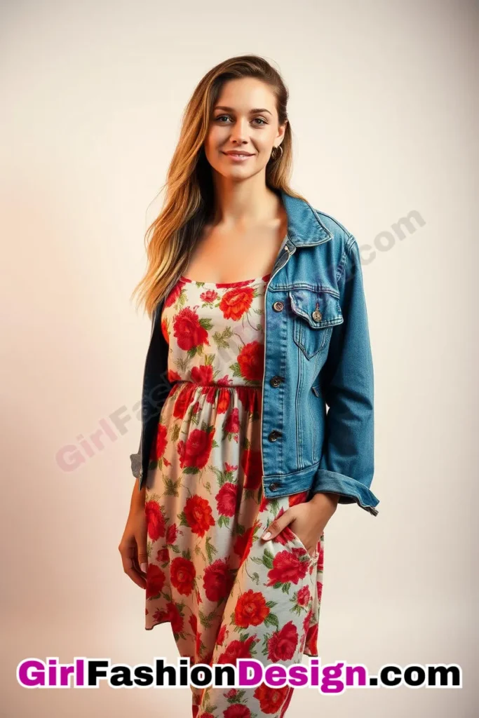 1. Floral-Print Sundress with Denim Jacket - 51 Top Spring School Outfits for Teen Girls Impress Your Friends with Stylish Looks (2)