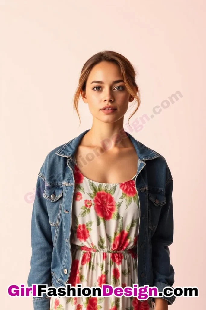 1. Floral-Print Sundress with Denim Jacket - 51 Top Spring School Outfits for Teen Girls Impress Your Friends with Stylish Looks (4)