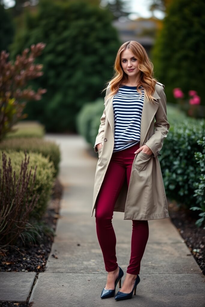 10. American Eagle Flare Leggings Outfit with Striped Boatneck Top, Lightweight Trench, and Classic Pumps (1)