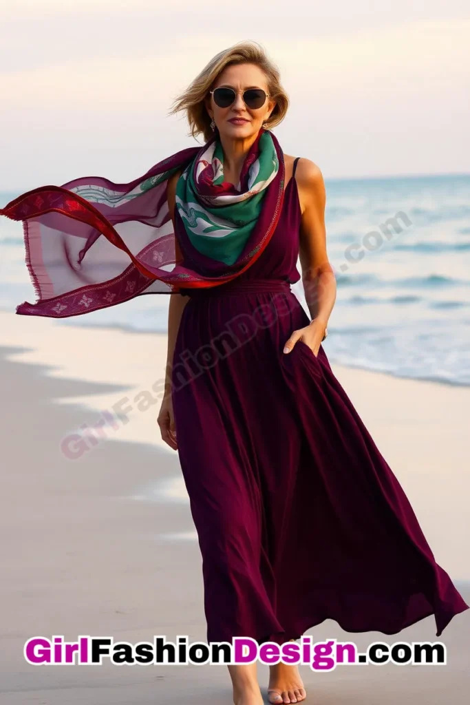 10. Flowy Midi Dress & Colorful Scarf - 24 Best Beachwear Outfits for Women Over 50 Trending Perfect 50s-Inspired Look (1).jpg