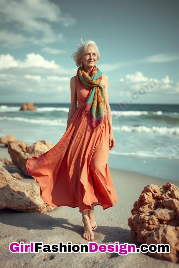 10. Flowy Midi Dress & Colorful Scarf - 24 Best Beachwear Outfits for Women Over 50 Trending Perfect 50s-Inspired Look (4).jpg