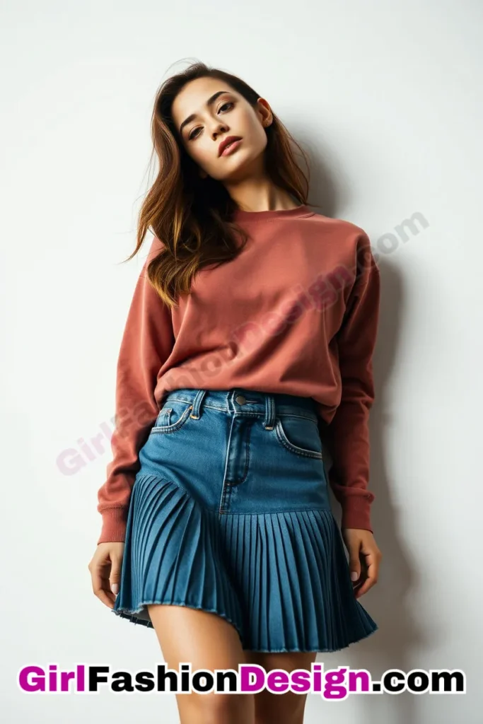 10. Pleated Denim Skirt with a Statement Sweatshirt - 51 Top Spring School Outfits for Teen Girls Impress Your Friends with Stylish Looks (2)