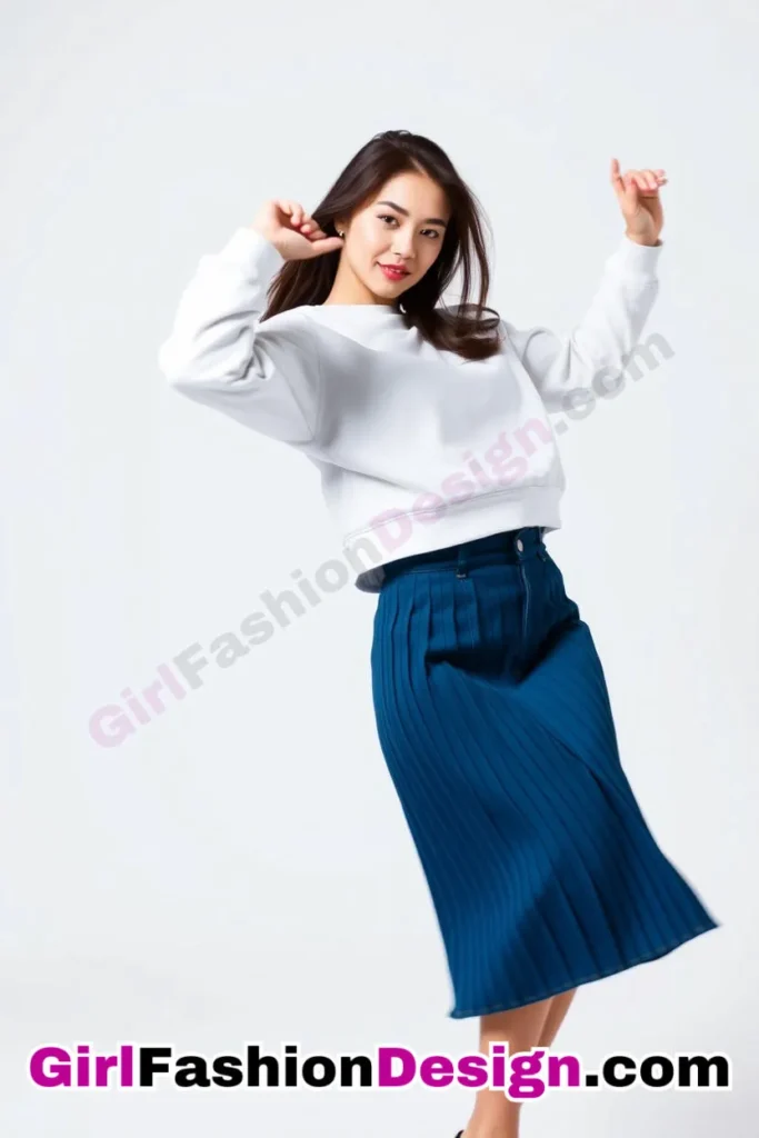 10. Pleated Denim Skirt with a Statement Sweatshirt - 51 Top Spring School Outfits for Teen Girls Impress Your Friends with Stylish Looks (3)