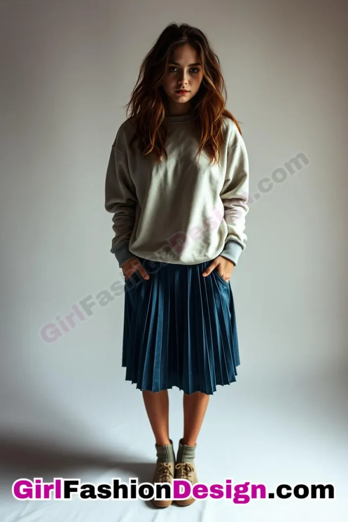 10. Pleated Denim Skirt with a Statement Sweatshirt - 51 Top Spring School Outfits for Teen Girls Impress Your Friends with Stylish Looks (4)