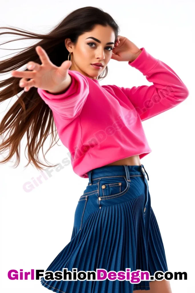 10. Pleated Denim Skirt with a Statement Sweatshirt - 51 Top Spring School Outfits for Teen Girls Impress Your Friends with Stylish Looks (5)