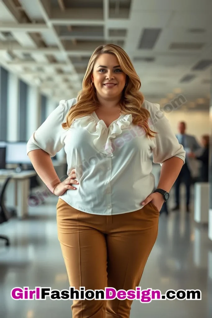 100. White Ruffle Blouse with Camel Tailored Pants For Plus Size Luxury Office Wear (1).jpg