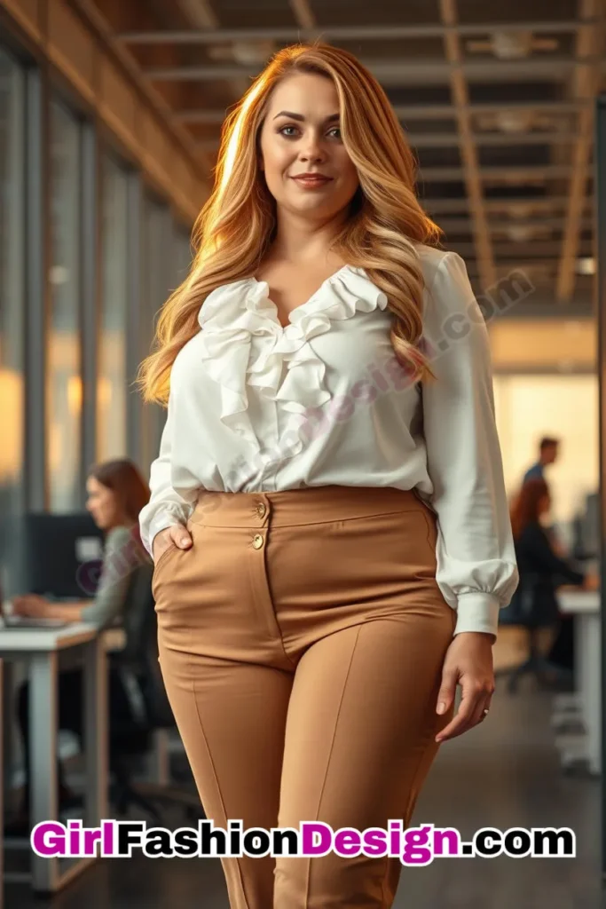 100. White Ruffle Blouse with Camel Tailored Pants For Plus Size Luxury Office Wear (2).jpg