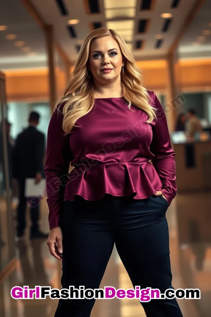 101. Plum Satin Peplum Top with Navy Flared Trousers For Plus Size Luxury Office Wear (1).jpg