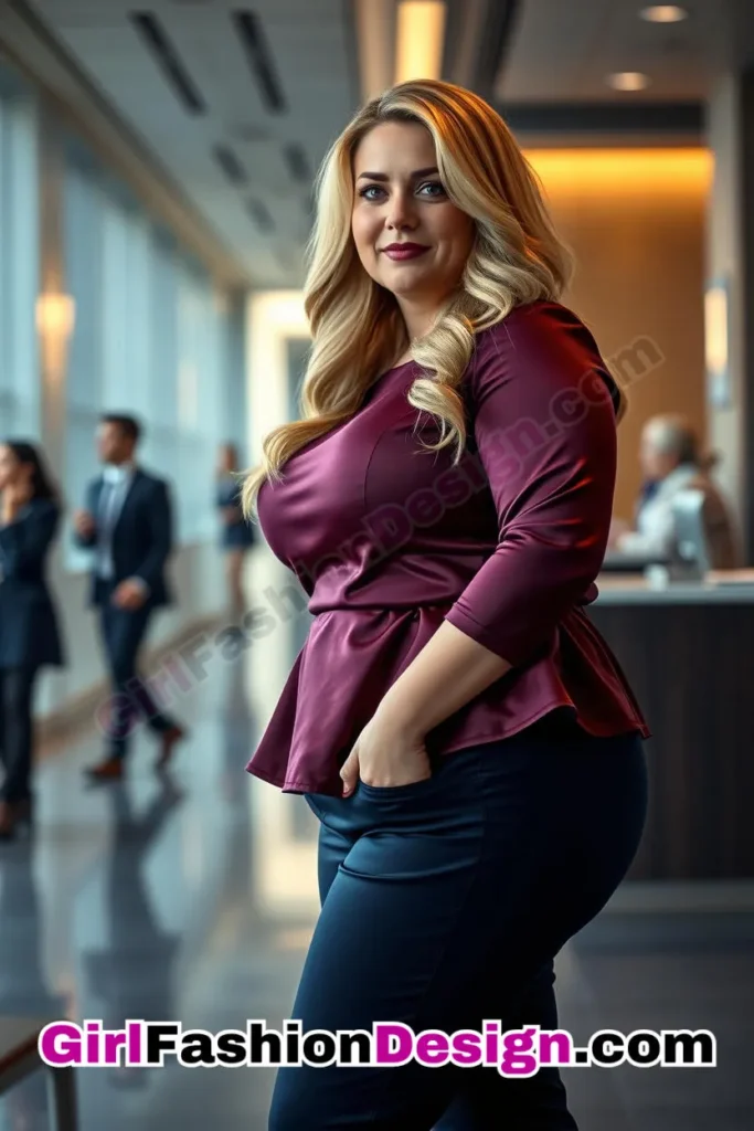 101. Plum Satin Peplum Top with Navy Flared Trousers For Plus Size Luxury Office Wear (2).jpg