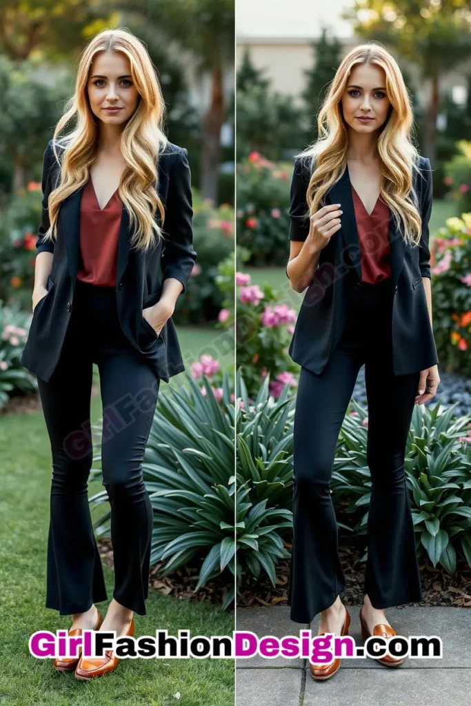 11. Office Wear Flare Leggings Outfits with Short-Sleeve Blazer, V-Neck Shell, and Statement Loafers (2).jpg