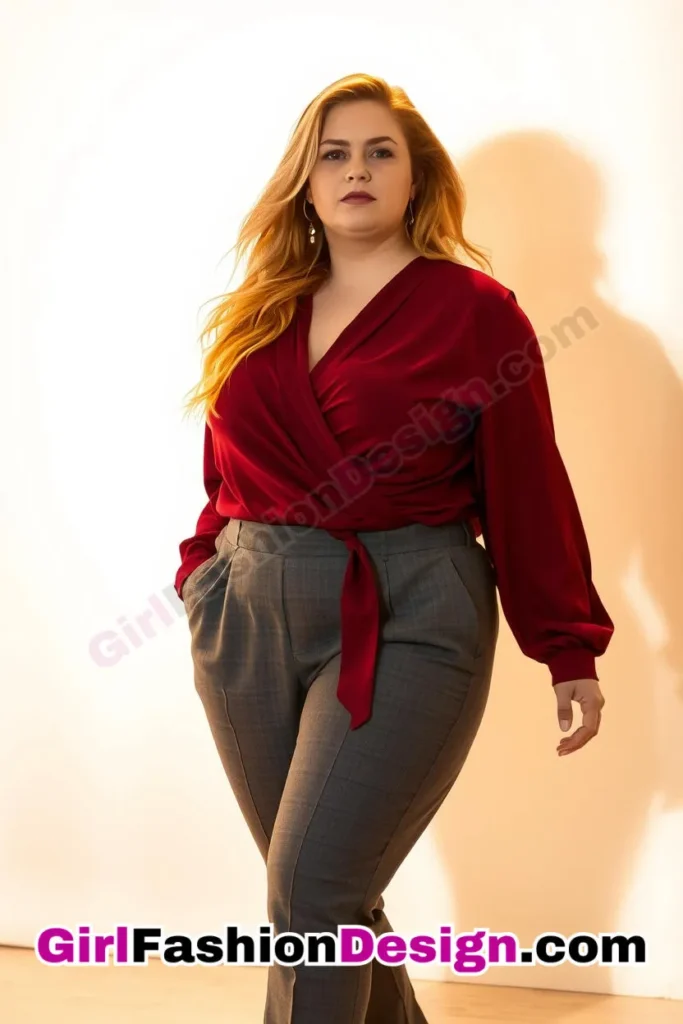 11. Wine Red Wrap Blouse with Gray Tailored Pants For Plus Size Luxury Office Wear (1).jpg