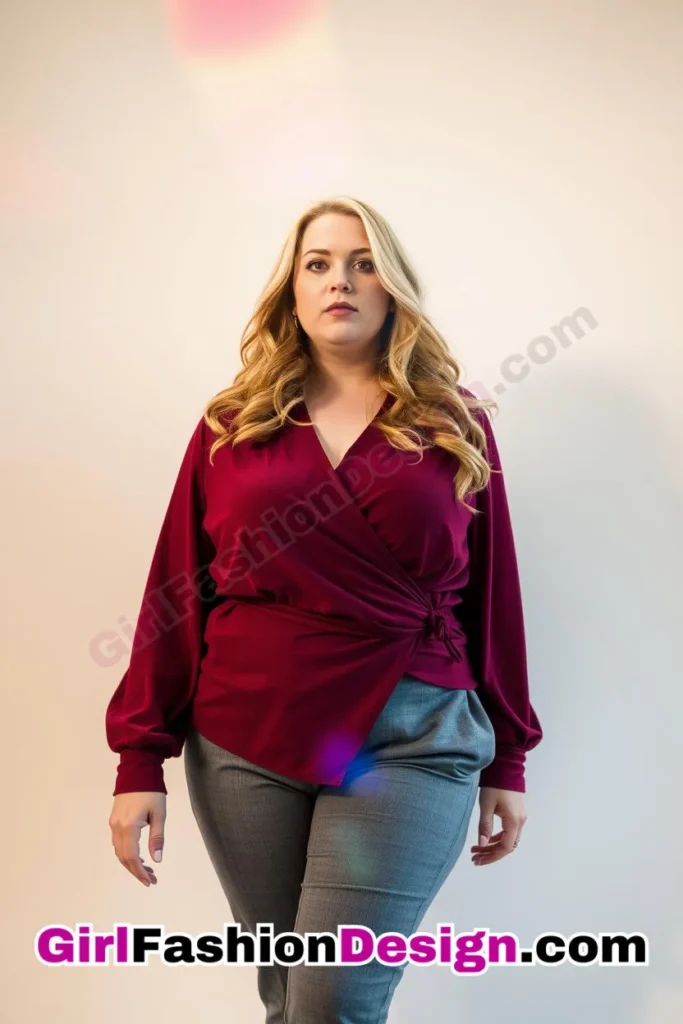 11. Wine Red Wrap Blouse with Gray Tailored Pants For Plus Size Luxury Office Wear (2).jpg