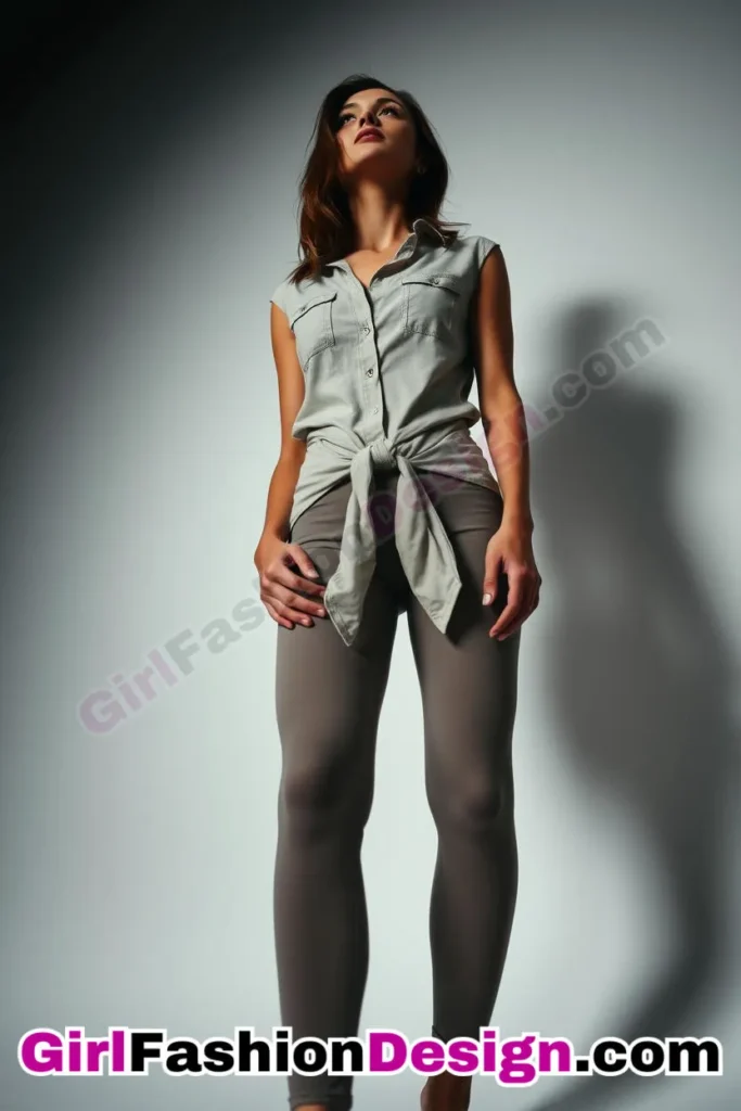 12. Button-Up Shirt Tied at the Waist - 21 Must-Try Flare Legging Outfits for Women Stylish Ways to Wear Flare Leggings (4)