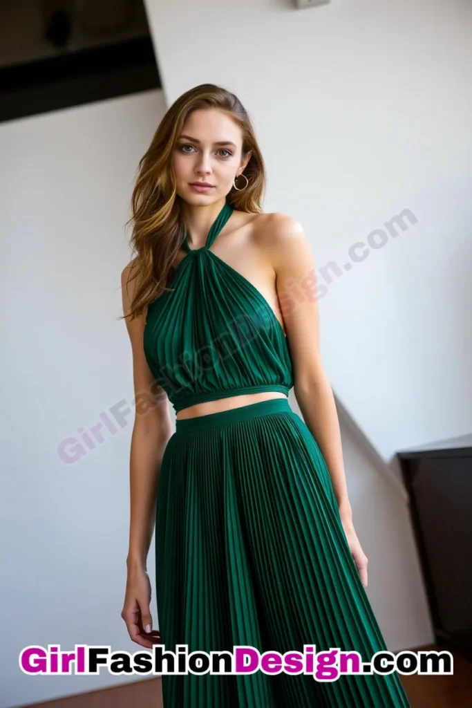 12. Halter-Neck Pleated Skirt - What to Wear to Look Fabulous 21 Top Emerald Green Dresses for Evening Events (5).jpg