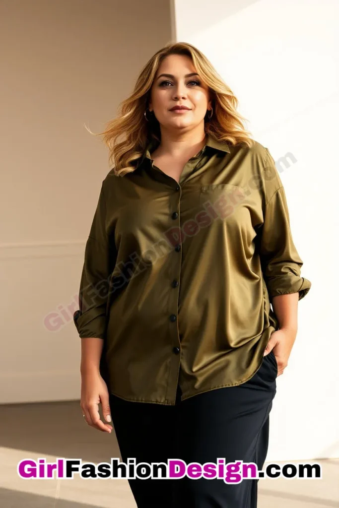 12. Olive Green Satin Shirt with Black Culottes For Plus Size Luxury Office Wear (1).jpg