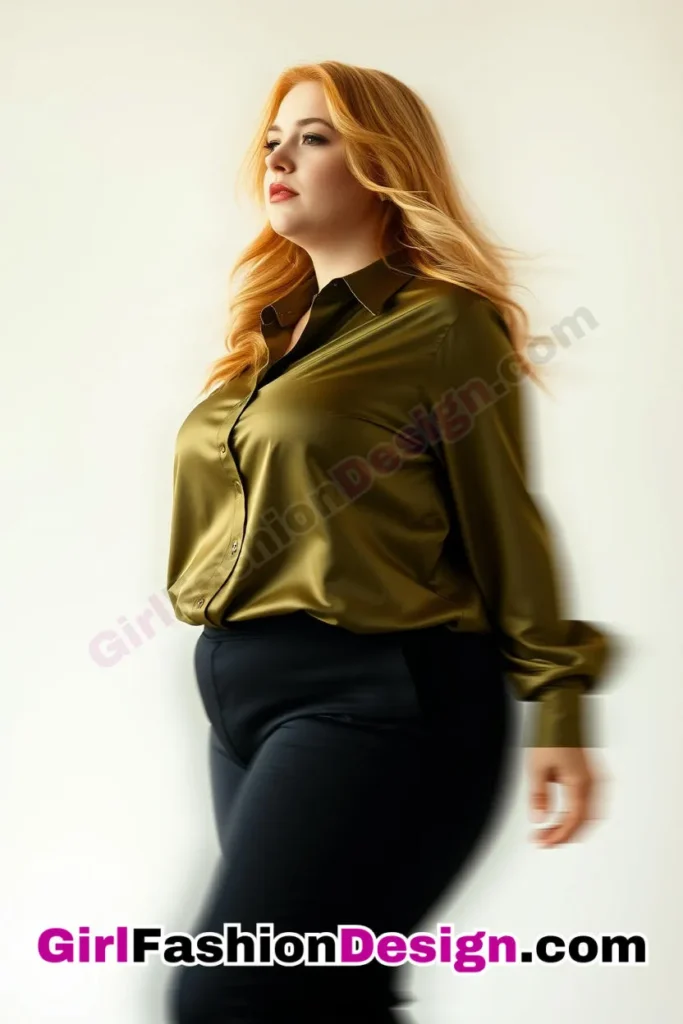 12. Olive Green Satin Shirt with Black Culottes For Plus Size Luxury Office Wear (2).jpg