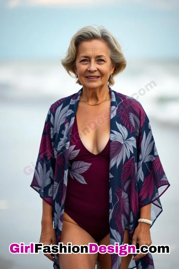 12. Tropical-Print Kimono & Simple One-Piece - 24 Best Beachwear Outfits for Women Over 50 Trending Perfect 50s-Inspired Look (2).jpg