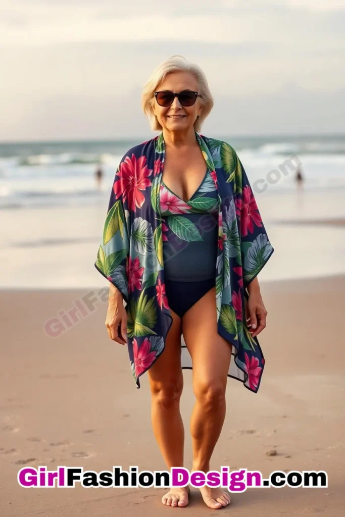 12. Tropical-Print Kimono & Simple One-Piece - 24 Best Beachwear Outfits for Women Over 50 Trending Perfect 50s-Inspired Look (3).jpg