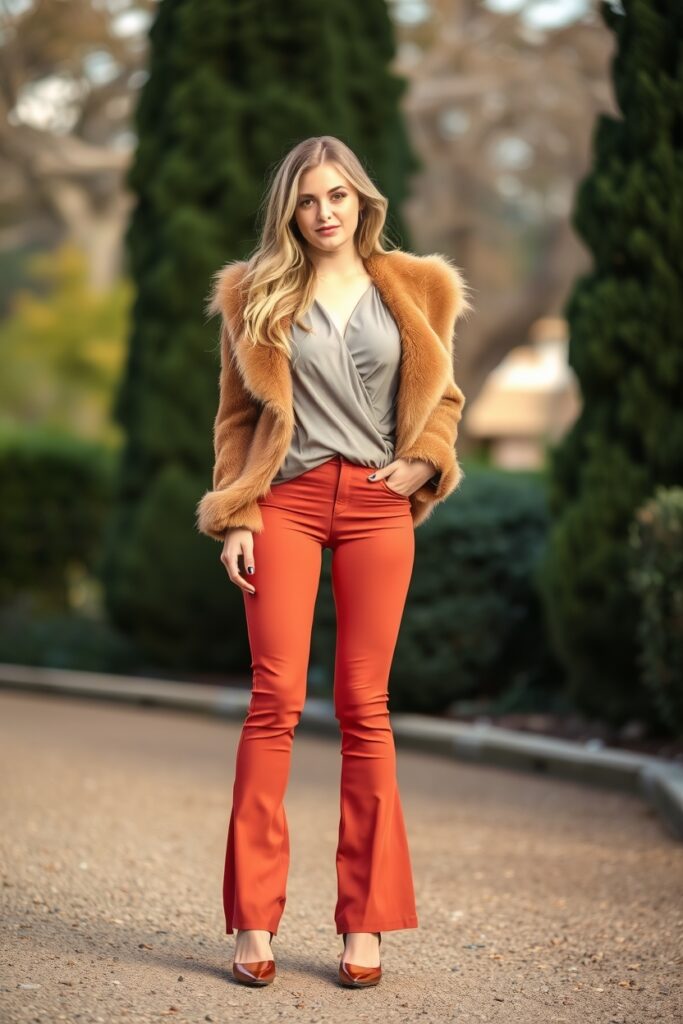 13. American Eagle Flare Leggings Outfit with Wrap Blouse, Faux Fur Jacket, and Pointed-Toe Heels (1)