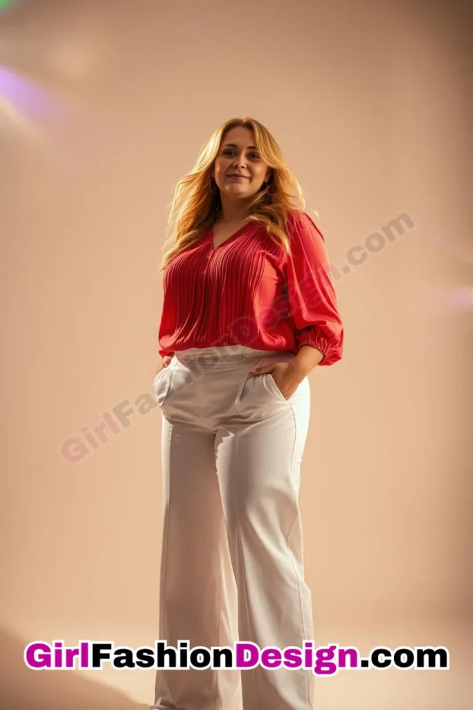 13. Coral Pleated Blouse with White Wide-Leg Trousers For Plus Size Luxury Office Wear (1).jpg