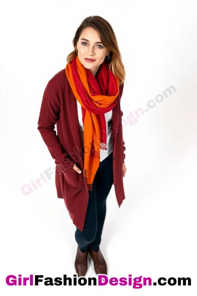 14. Long Cardigan and Bold Scarf - 21 Must-Try Flare Legging Outfits for Women Stylish Ways to Wear Flare Leggings (1)