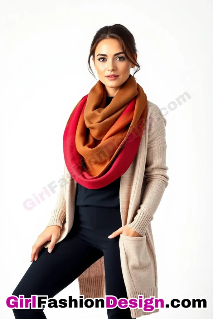 14. Long Cardigan and Bold Scarf - 21 Must-Try Flare Legging Outfits for Women Stylish Ways to Wear Flare Leggings (2)