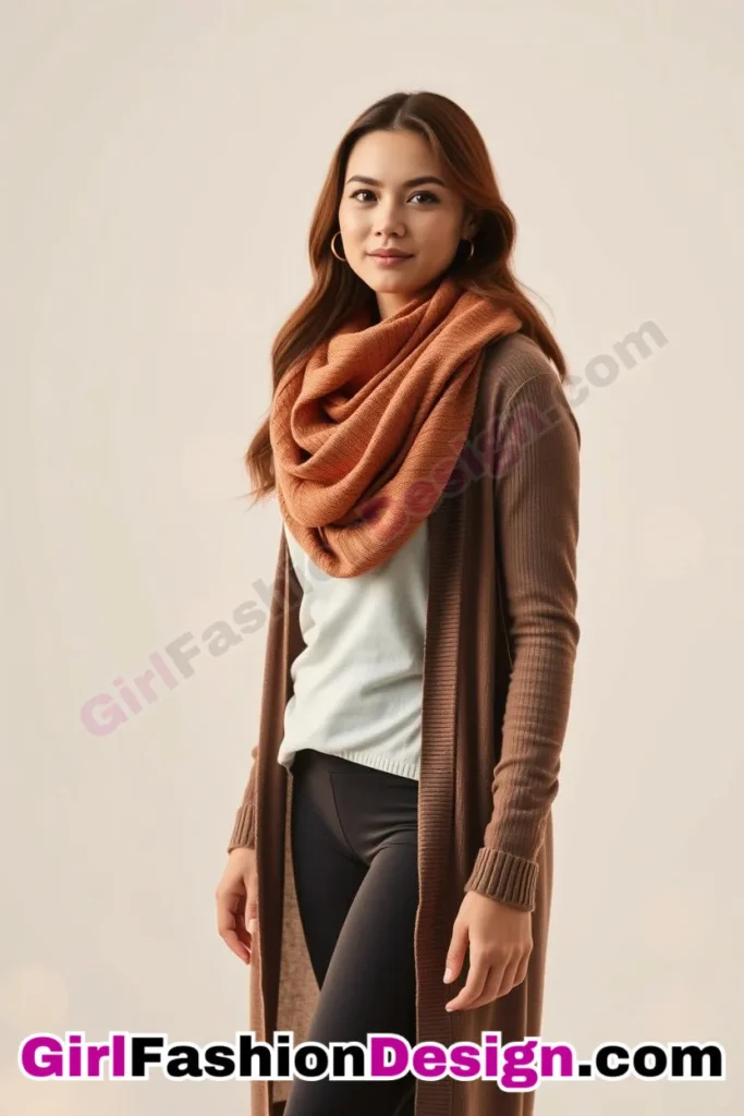 14. Long Cardigan and Bold Scarf - 21 Must-Try Flare Legging Outfits for Women Stylish Ways to Wear Flare Leggings (3)