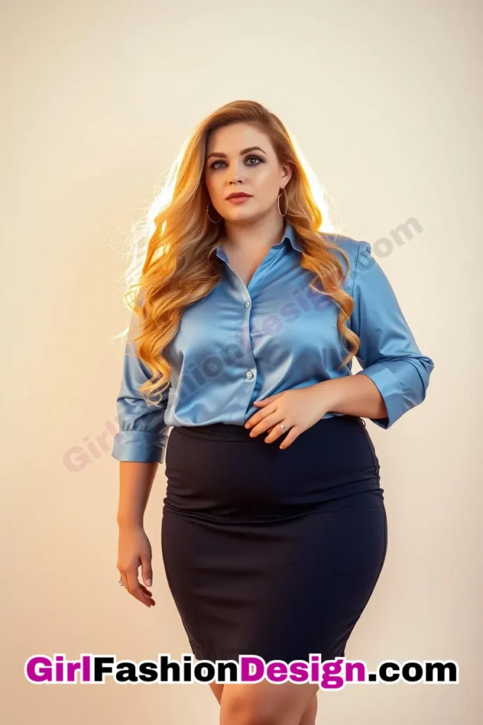 14. Sky Blue Silk Button-Up with Navy Pencil Skirt For Plus Size Luxury Office Wear (2).jpg