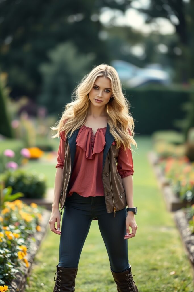 15. American Eagle Flare Leggings Outfit with Ruffled Peasant Top, Structured Vest, and Lace-Up Booties (1)