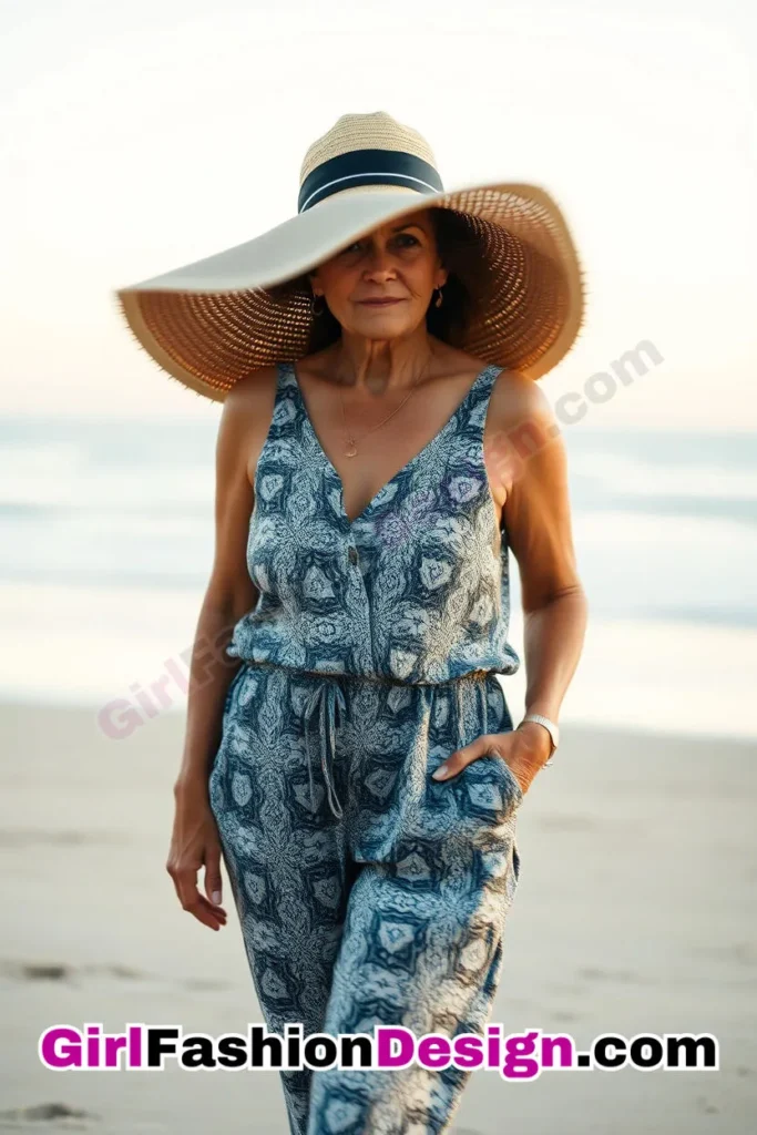 15. Patterned Jumpsuit & Oversized Sun Hat - 24 Best Beachwear Outfits for Women Over 50 Trending Perfect 50s-Inspired Look (1).jpg