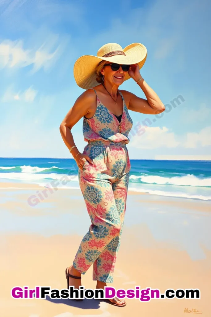 15. Patterned Jumpsuit & Oversized Sun Hat - 24 Best Beachwear Outfits for Women Over 50 Trending Perfect 50s-Inspired Look (2).jpg