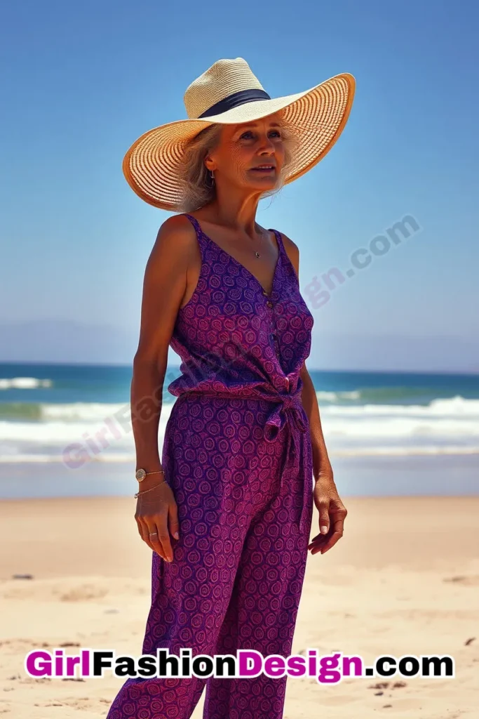 15. Patterned Jumpsuit & Oversized Sun Hat - 24 Best Beachwear Outfits for Women Over 50 Trending Perfect 50s-Inspired Look (4).jpg