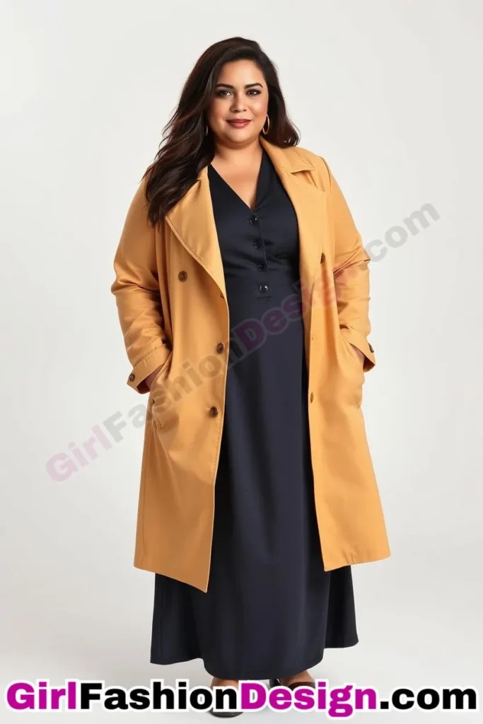 15. Tencel Trench Coat with Tailored Dress - 21 Best Plus-Size Office Outfits for Summer Stay Stylish Comfortable in Business Casual (3).jpg