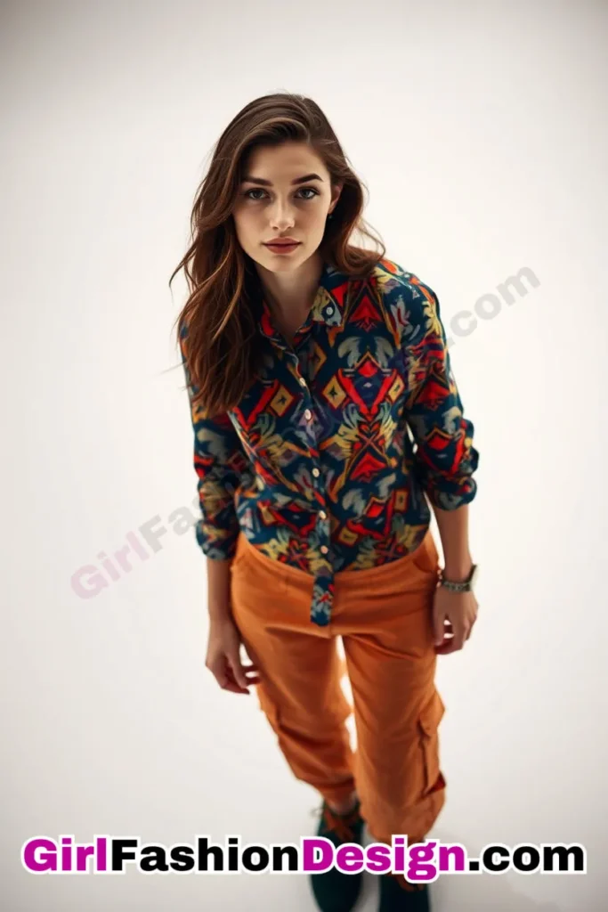 16. Geometric Print Button-Up with Cargo Pants - 51 Top Spring School Outfits for Teen Girls Impress Your Friends with Stylish Looks (2)