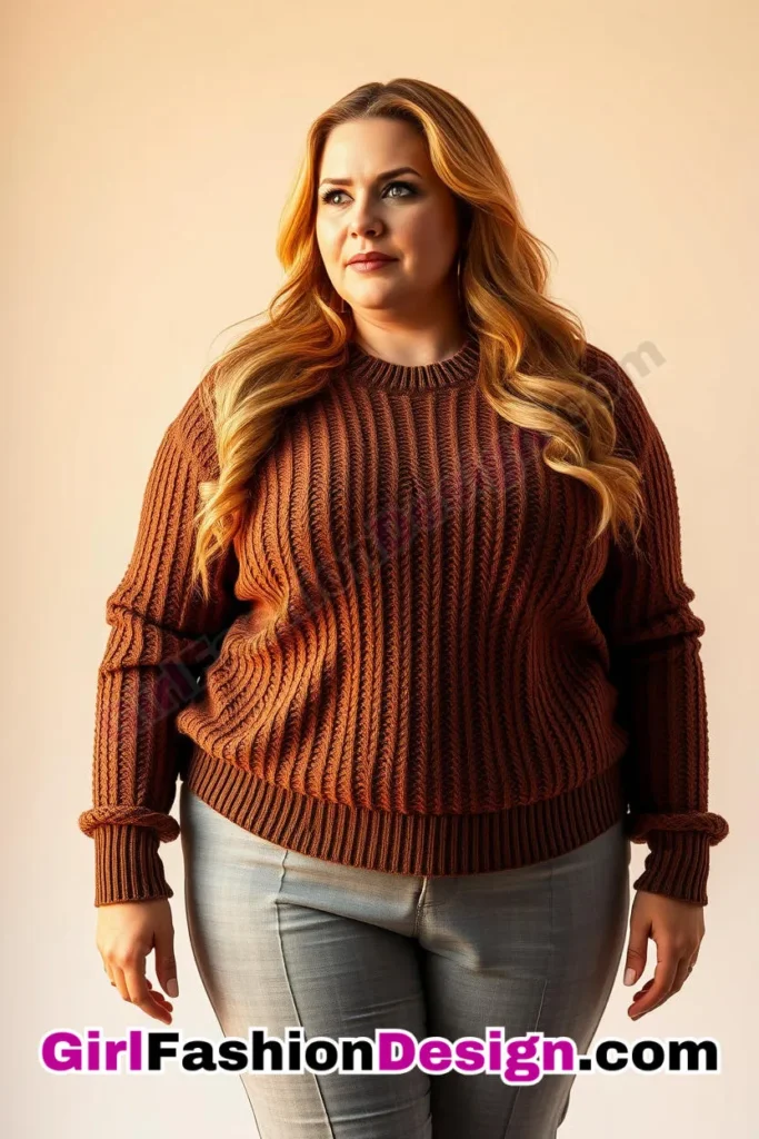 16. Mocha Brown Knit Sweater with Gray Tapered Trousers For Plus Size Luxury Office Wear (1).jpg