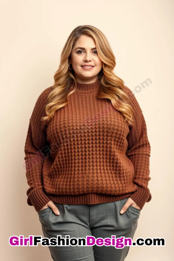 16. Mocha Brown Knit Sweater with Gray Tapered Trousers For Plus Size Luxury Office Wear (2).jpg