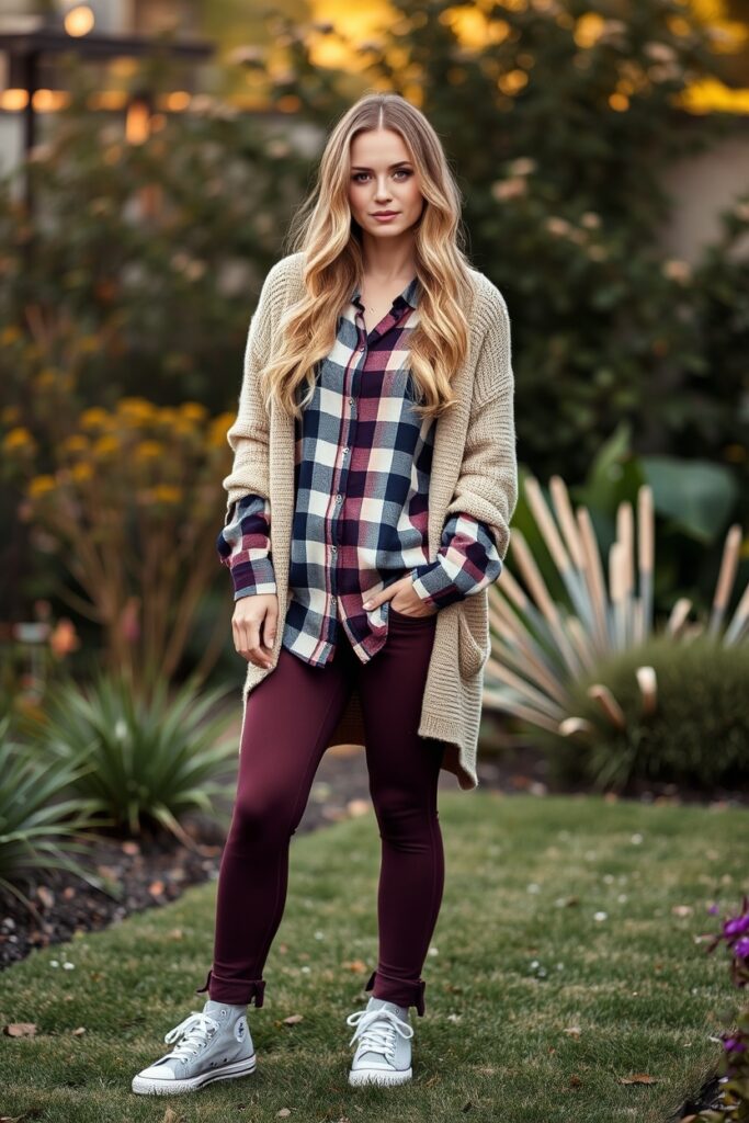 17. American Eagle Flare Leggings Outfit with Plaid Oversized Shirt, Cozy Cardigan, and Canvas Sneakers (1)