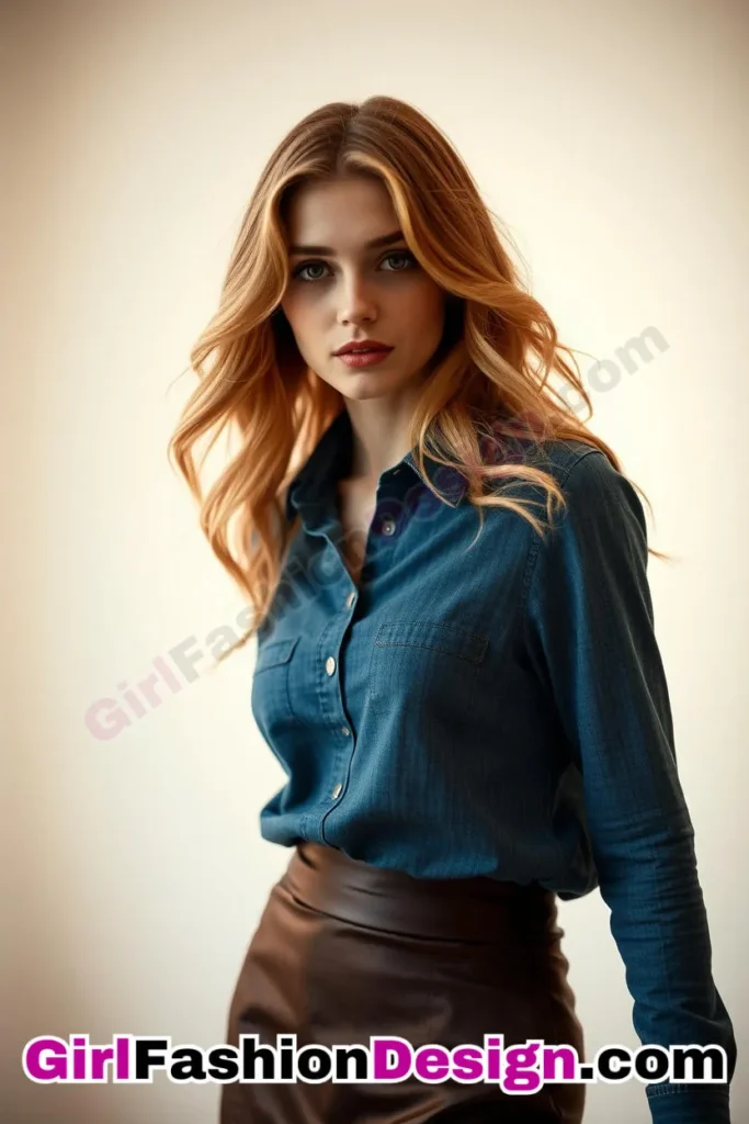 17. Button-Up Dark Wash Denim Blouse (Women) With Satin Pencil Skirt (2).jpg