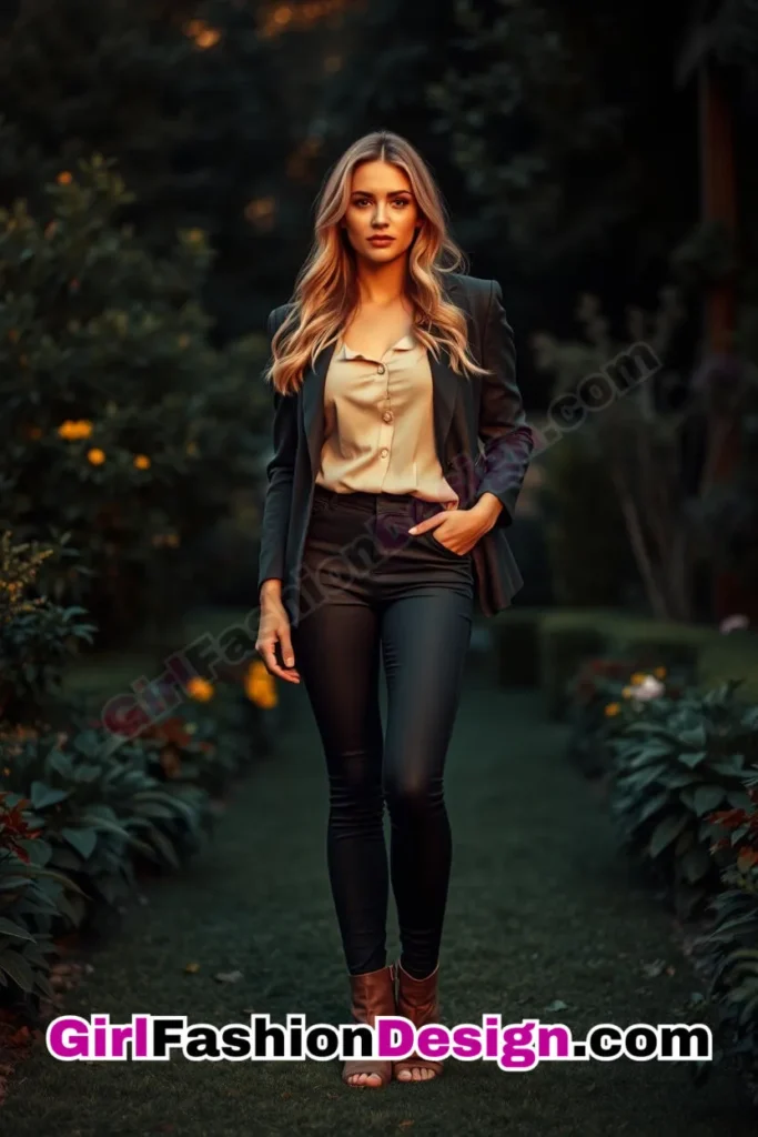 17. Office Wear Flare Leggings Outfits with Puff-Sleeve Blouse, Tailored Jacket, and Open-Toe Booties (1).jpg