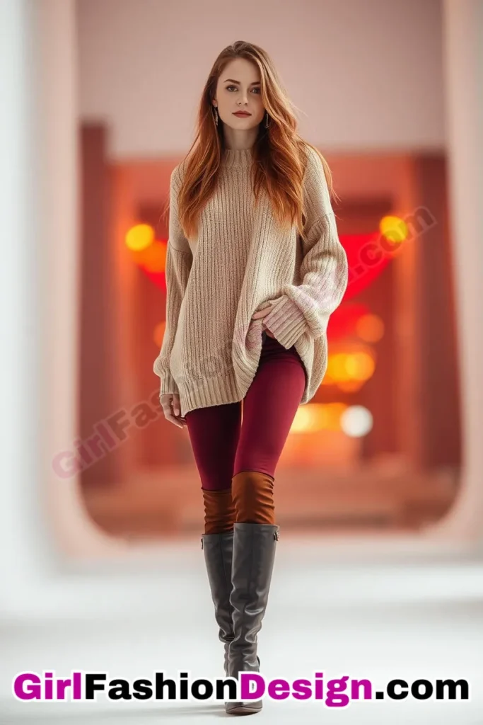 17. Oversized Sweater and Knee-High Boots - 21 Must-Try Flare Legging Outfits for Women Stylish Ways to Wear Flare Leggings (1)