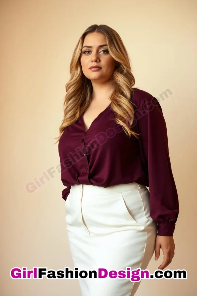 17. Plum V-Neck Blouse with Tailored White Skirt For Plus Size Luxury Office Wear (1).jpg