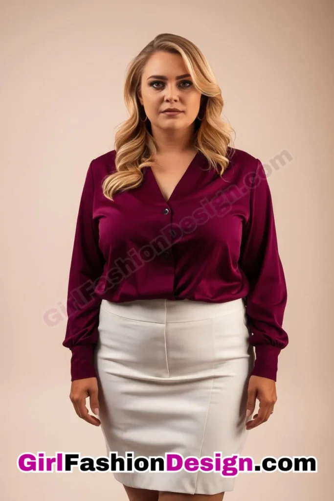 17. Plum V-Neck Blouse with Tailored White Skirt For Plus Size Luxury Office Wear (2).jpg