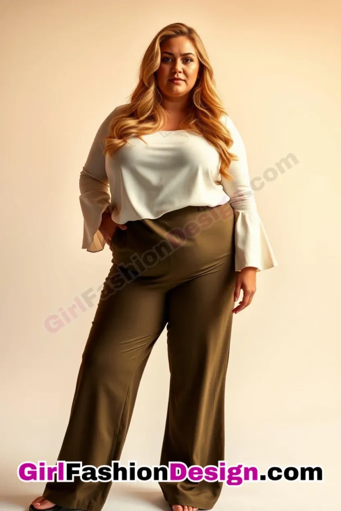 18. Cream Bell-Sleeve Top with Olive Wide-Leg Pants For Plus Size Luxury Office Wear (1).jpg