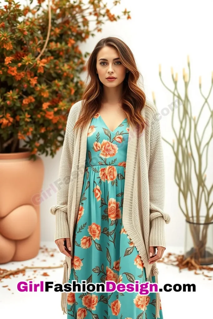 18. Floral Midi Dress with a Neutral Cardigan - 25 Trendsetting Corporate Outfits for the Modern Professional Women (1).jpg