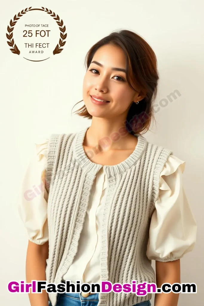 18. Knit Vest over a Puff-Sleeve Blouse - 51 Top Spring School Outfits for Teen Girls Impress Your Friends with Stylish Looks (1)