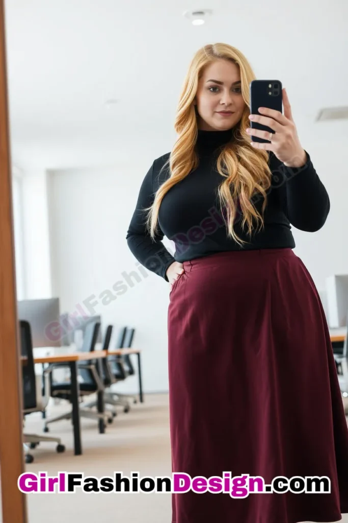 19. Black Turtleneck with Burgundy A-Line Skirt For Plus Size Luxury Office Wear (1).jpg