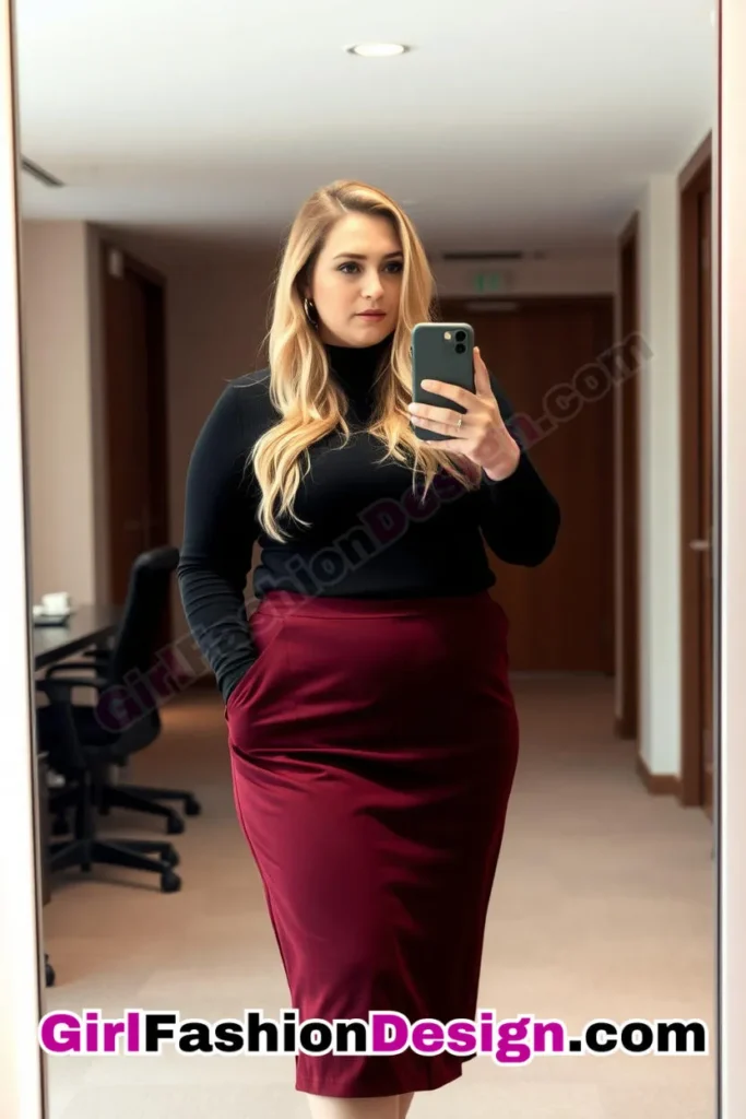 19. Black Turtleneck with Burgundy A-Line Skirt For Plus Size Luxury Office Wear (2).jpg