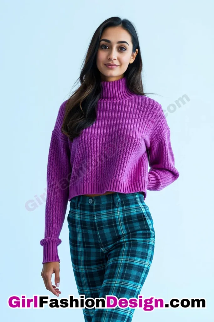 19. High-Neck Cropped Sweater and Plaid Trousers - 51 Top Spring School Outfits for Teen Girls Impress Your Friends with Stylish Looks (1)